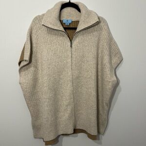 CeCe Ribbed Knit Zip Poncho Cape Sweater Women’s Medium – Neutral Tan/Beige